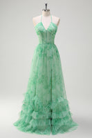 Load image into Gallery viewer, Green A Line Halter Floral Corset Ruffled Long Prom Dress