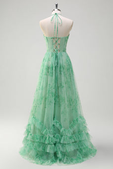 Green A Line Halter Floral Corset Ruffled Long Prom Dress
