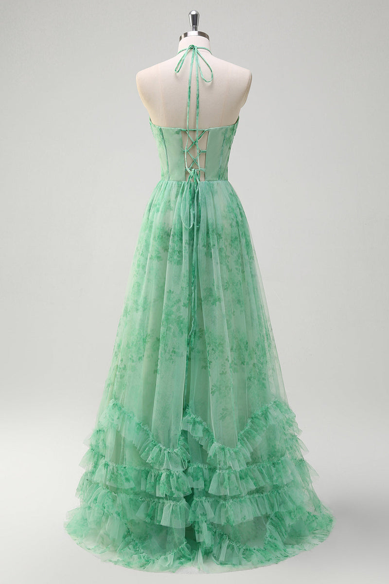 Load image into Gallery viewer, Green A Line Halter Floral Corset Ruffled Long Prom Dress