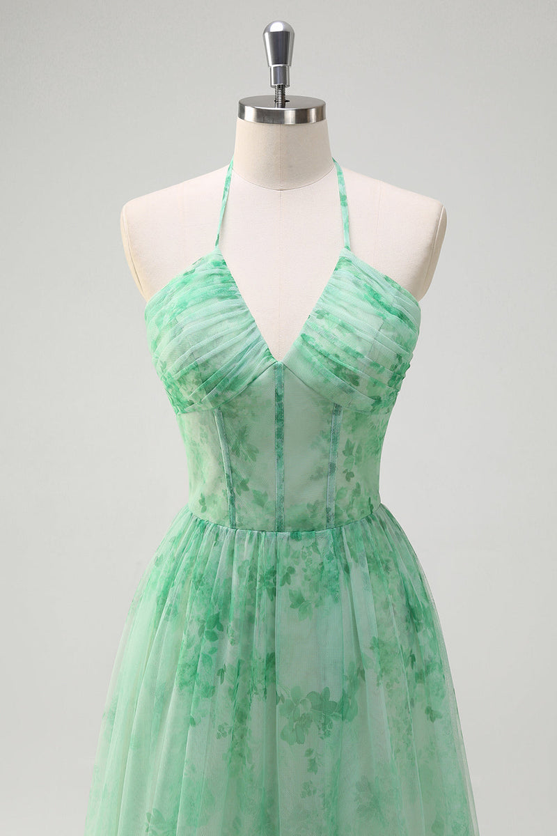 Load image into Gallery viewer, Green A Line Halter Floral Corset Ruffled Long Prom Dress
