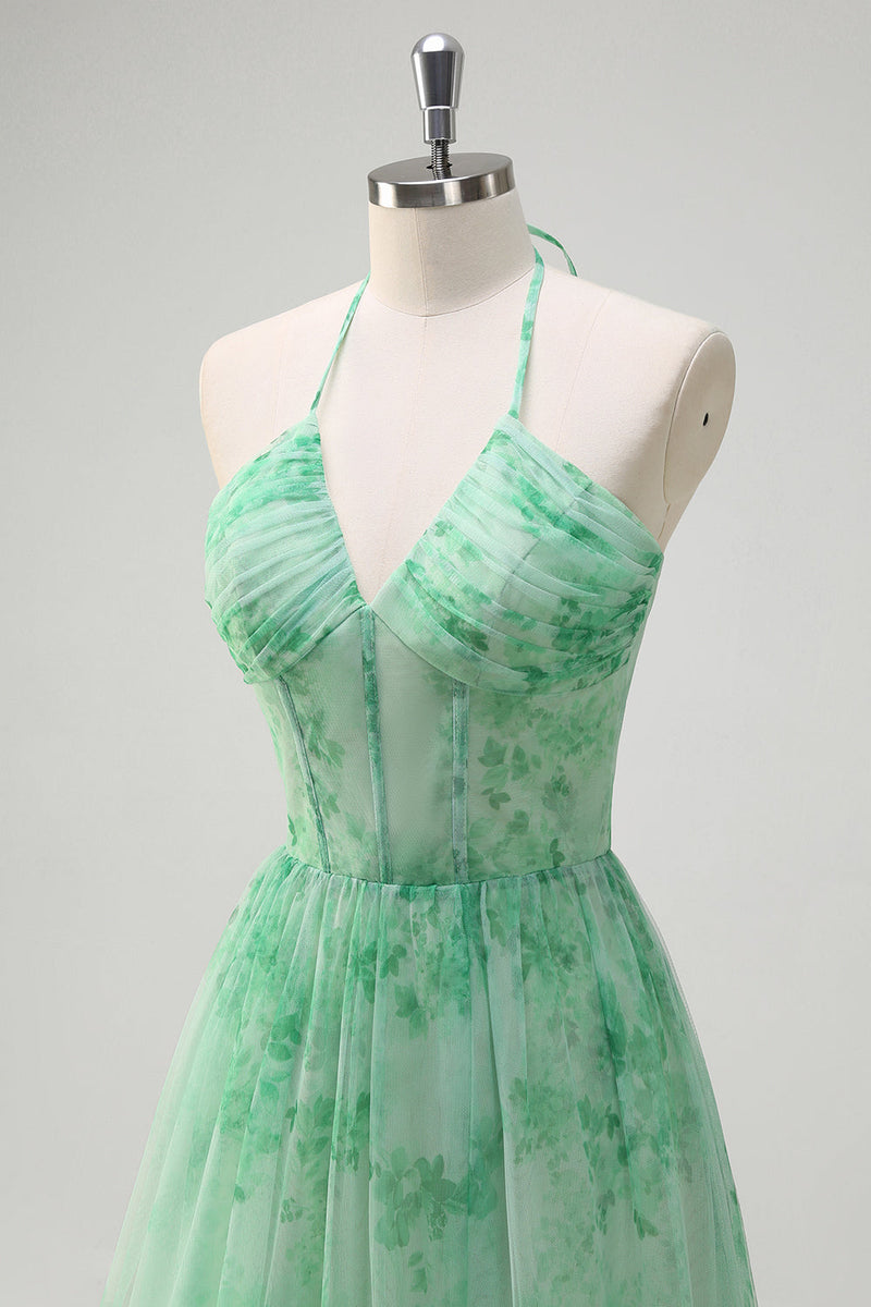 Load image into Gallery viewer, Green A Line Halter Floral Corset Ruffled Long Prom Dress