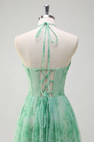 Load image into Gallery viewer, Green A Line Halter Floral Corset Ruffled Long Prom Dress