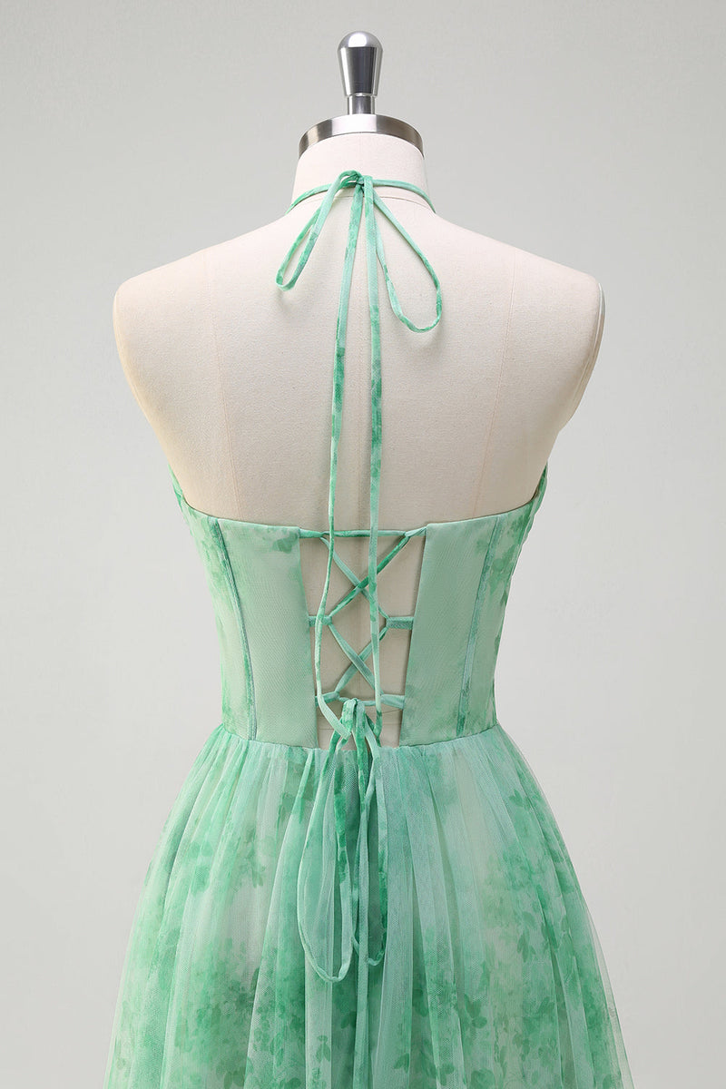 Load image into Gallery viewer, Green A Line Halter Floral Corset Ruffled Long Prom Dress