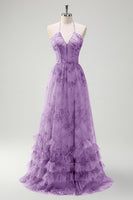Load image into Gallery viewer, Green A Line Halter Floral Corset Ruffled Long Prom Dress