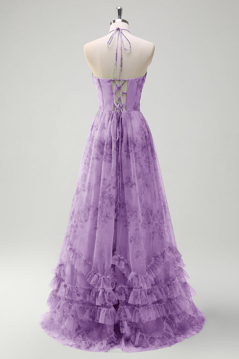 Load image into Gallery viewer, Green A Line Halter Floral Corset Ruffled Long Prom Dress