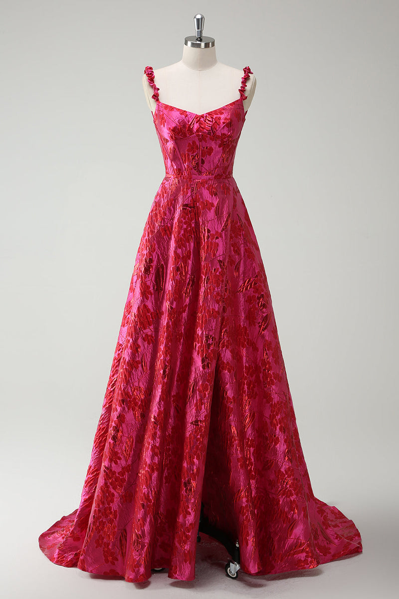 Load image into Gallery viewer, Fuchsia A Line Spaghetti Straps Floral Jacquard Long Prom Dress