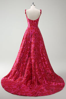 Fuchsia A Line Spaghetti Straps Floral Jacquard Long Prom Dress