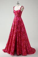 Load image into Gallery viewer, Fuchsia A Line Spaghetti Straps Floral Jacquard Long Prom Dress