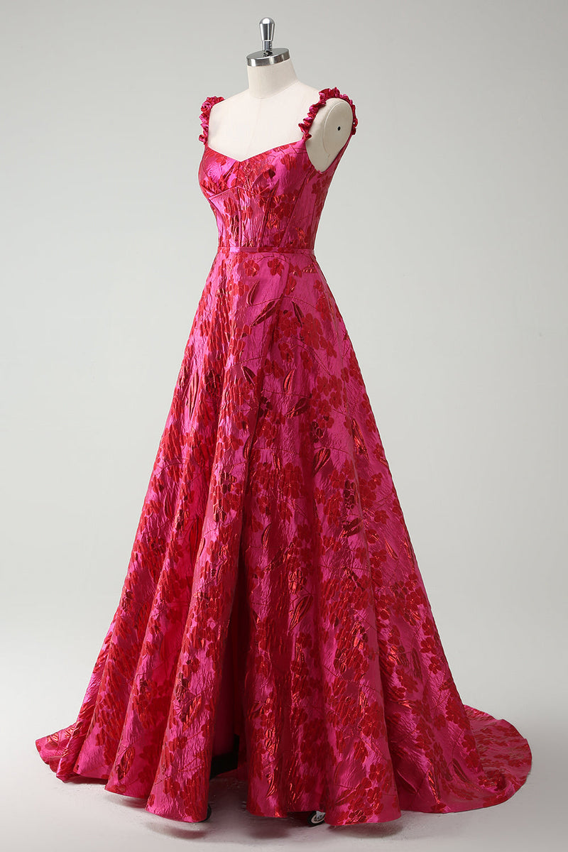Load image into Gallery viewer, Fuchsia A Line Spaghetti Straps Floral Jacquard Long Prom Dress