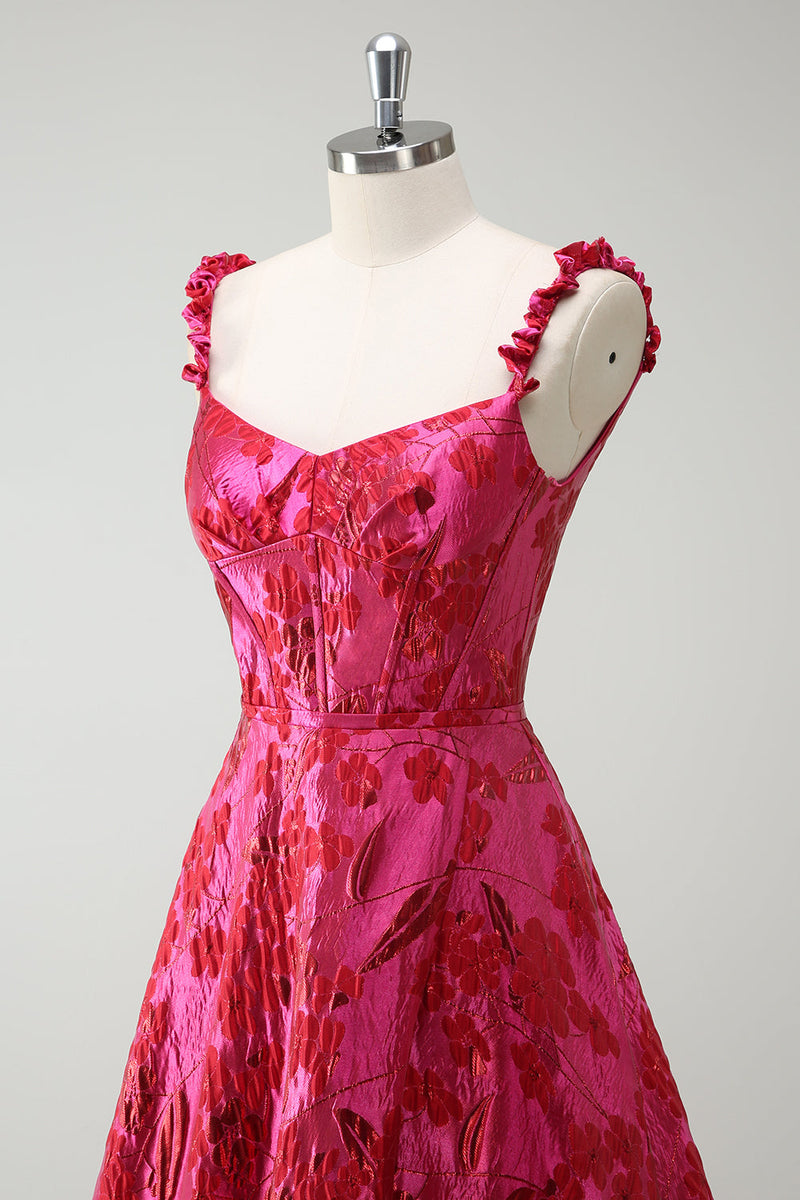 Load image into Gallery viewer, Fuchsia A Line Spaghetti Straps Floral Jacquard Long Prom Dress