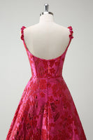 Load image into Gallery viewer, Fuchsia A Line Spaghetti Straps Floral Jacquard Long Prom Dress