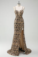 Load image into Gallery viewer, Khaki Leopard Sequin Mermaid Spaghetti Straps Long Corset Dress