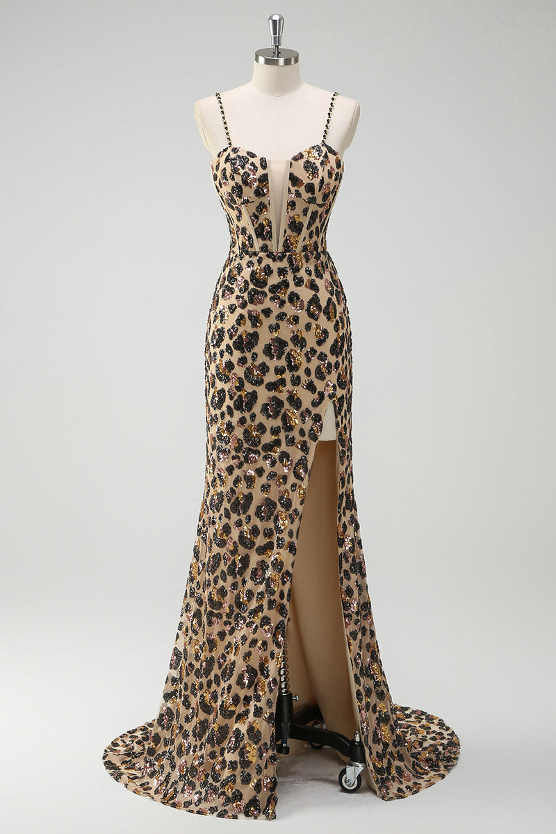 Load image into Gallery viewer, Khaki Leopard Sequin Mermaid Spaghetti Straps Long Corset Dress