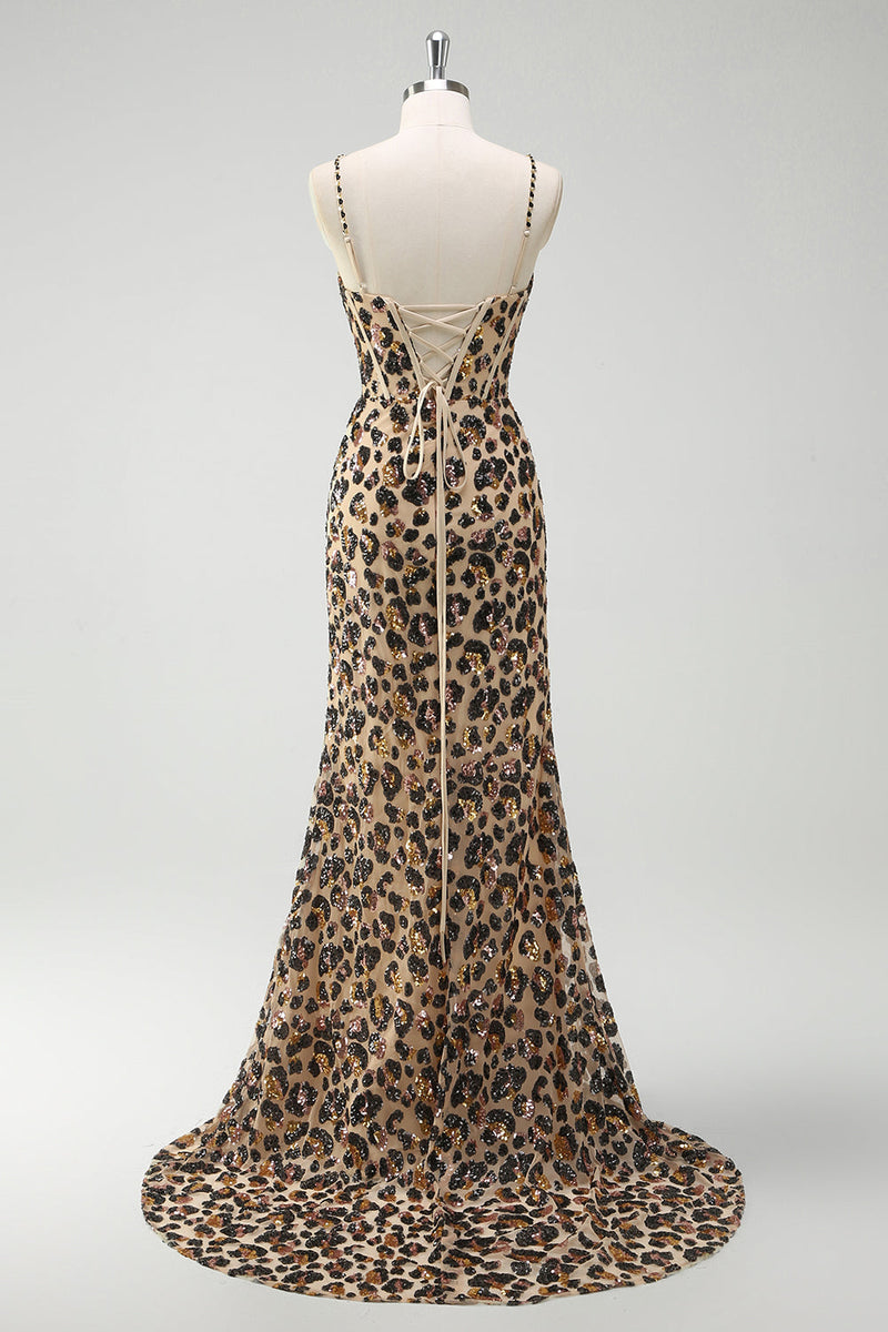Load image into Gallery viewer, Khaki Leopard Sequin Mermaid Spaghetti Straps Long Corset Dress