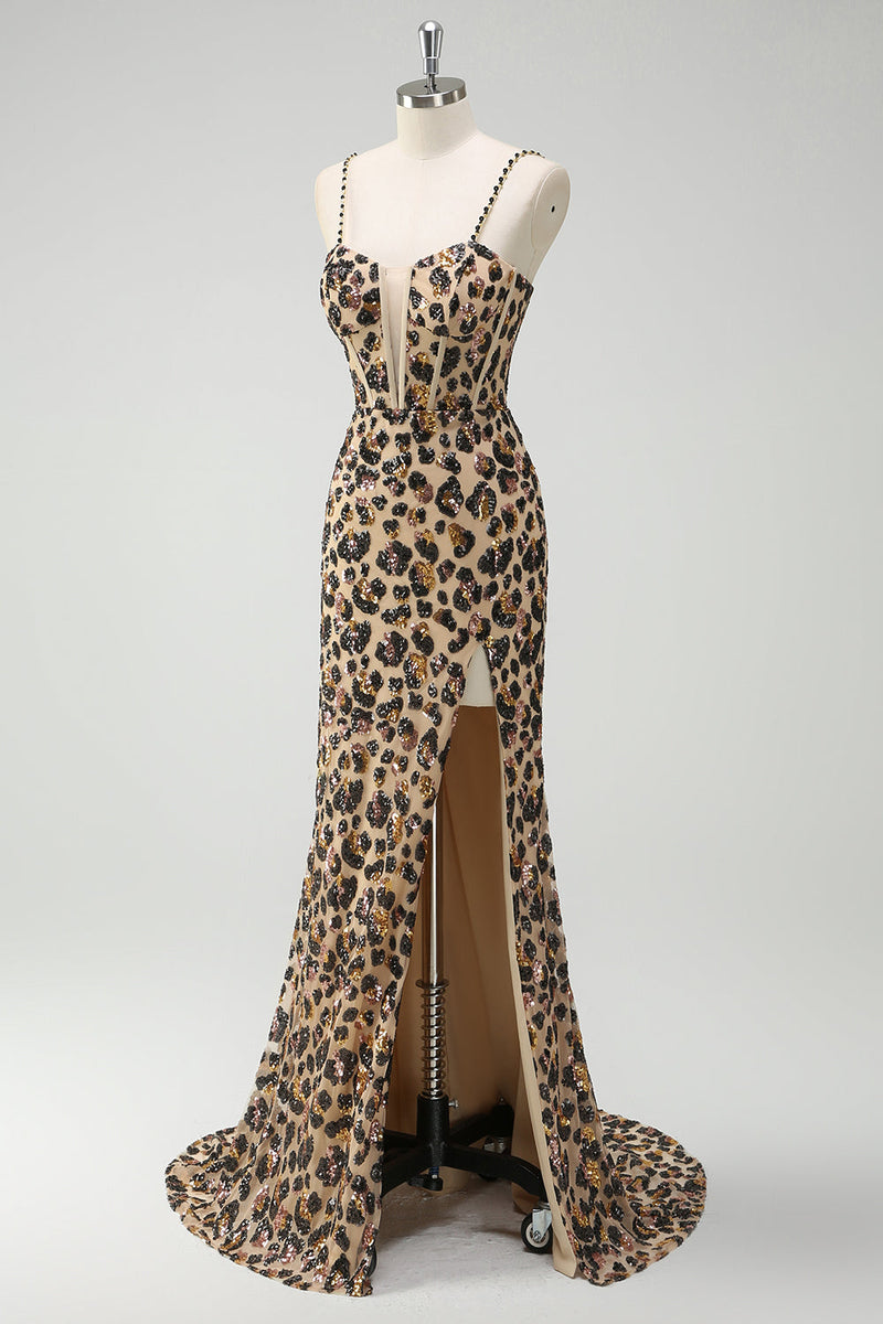 Load image into Gallery viewer, Khaki Leopard Sequin Mermaid Spaghetti Straps Long Corset Dress