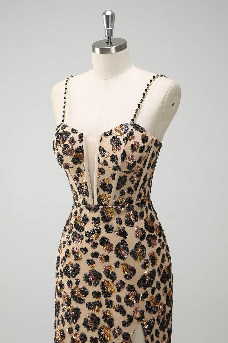 Load image into Gallery viewer, Khaki Leopard Sequin Mermaid Spaghetti Straps Long Corset Dress
