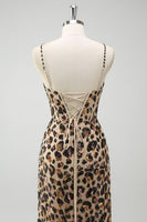 Load image into Gallery viewer, Khaki Leopard Sequin Mermaid Spaghetti Straps Long Corset Dress