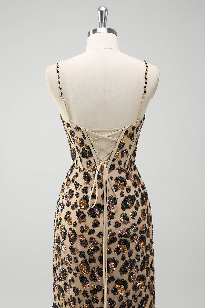 Load image into Gallery viewer, Khaki Leopard Sequin Mermaid Spaghetti Straps Long Corset Dress