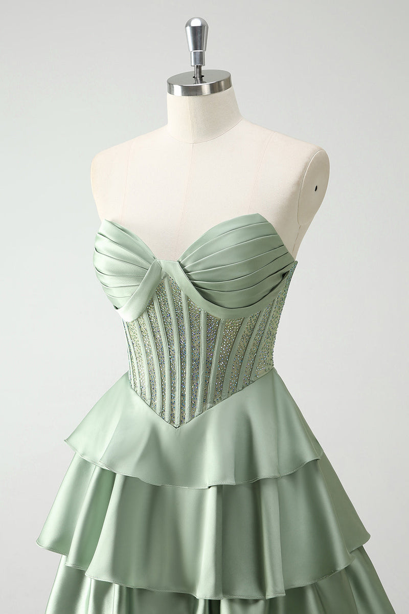 Load image into Gallery viewer, Green Sweetheart Princess Tiered Long Corset Prom Dress