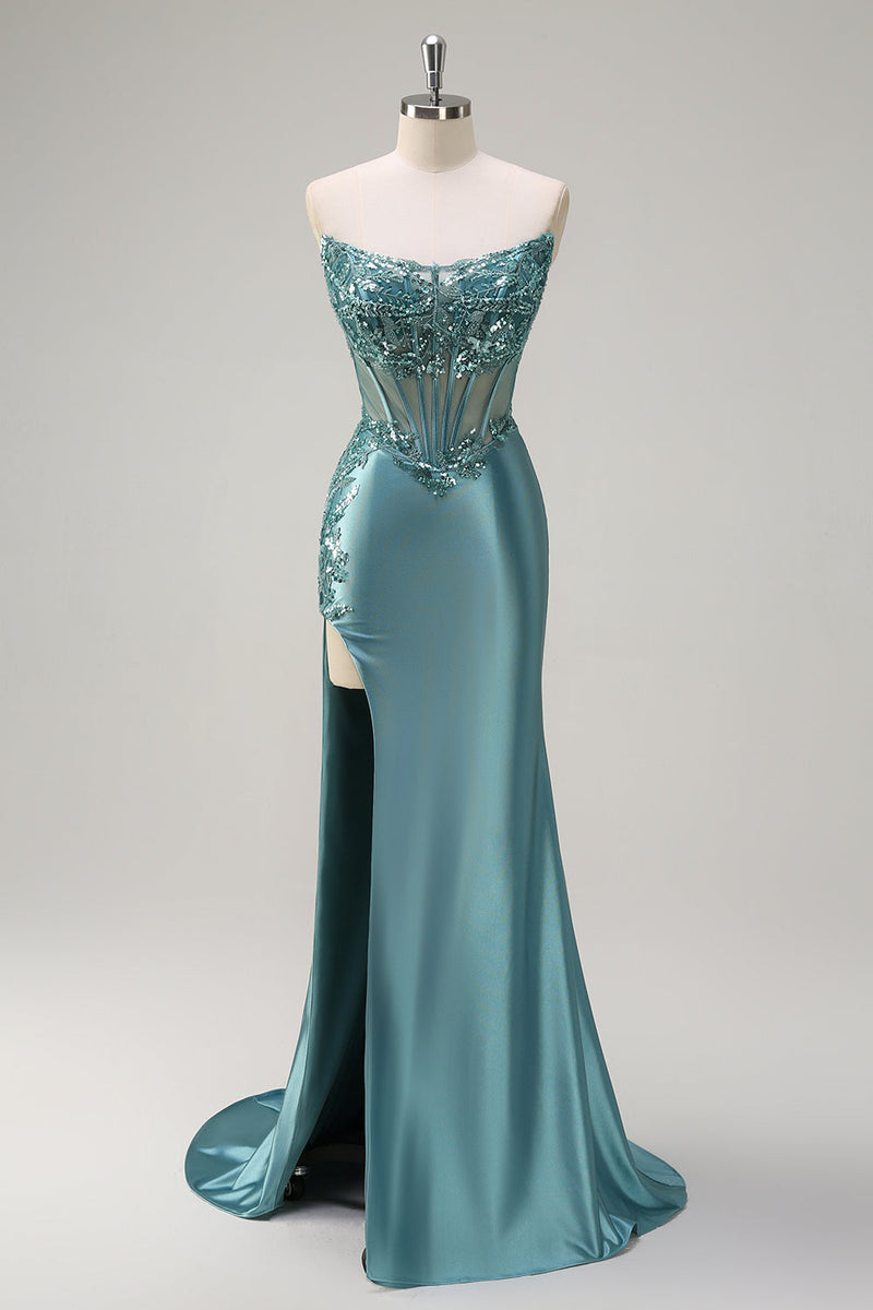 Load image into Gallery viewer, Grey Blue Mermaid Strapless Corset Long Prom Dress with Slit