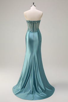 Grey Blue Mermaid Strapless Corset Long Prom Dress with Slit