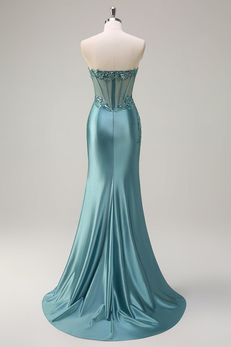 Load image into Gallery viewer, Grey Blue Mermaid Strapless Corset Long Prom Dress with Slit