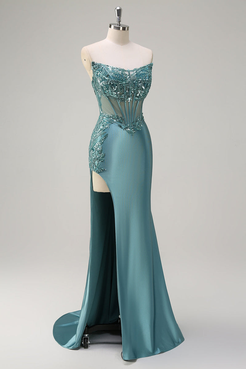 Load image into Gallery viewer, Grey Blue Mermaid Strapless Corset Long Prom Dress with Slit