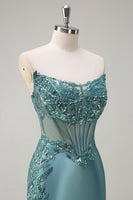 Load image into Gallery viewer, Grey Blue Mermaid Strapless Corset Long Prom Dress with Slit