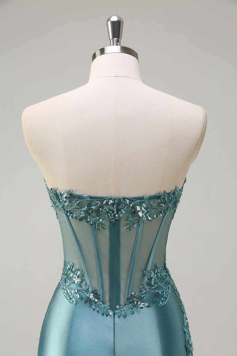 Load image into Gallery viewer, Grey Blue Mermaid Strapless Corset Long Prom Dress with Slit