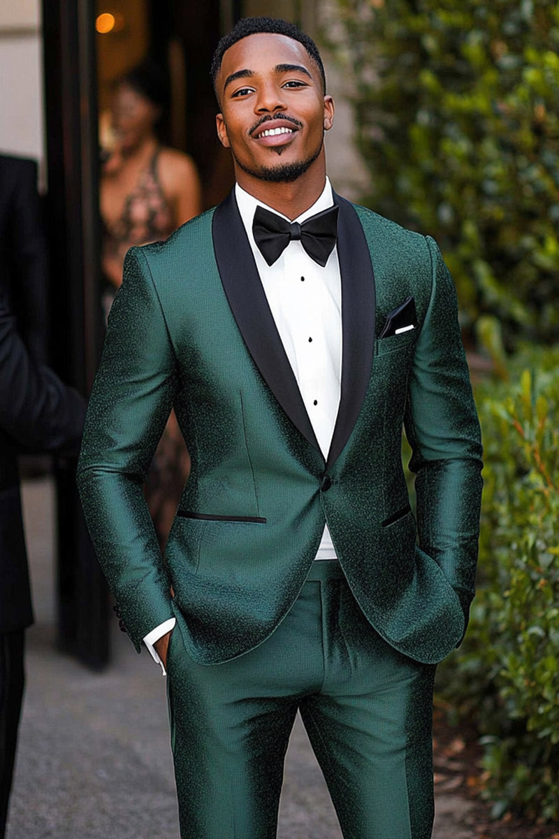 Load image into Gallery viewer, 2 Pieces Black Shawl Lapel Dark Green Men's luxurious Prom Suits with One Button