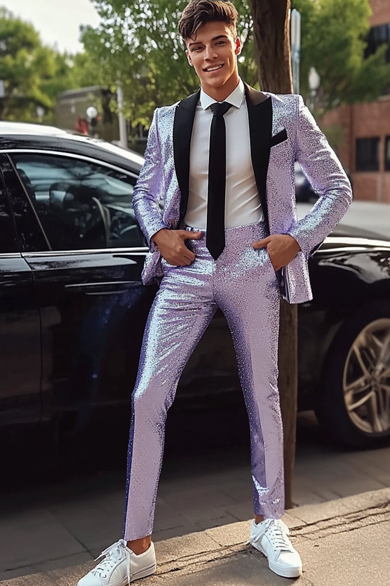 Load image into Gallery viewer, Glitter Purple Peak Lapel 2 Pieces Men's Prom Suits
