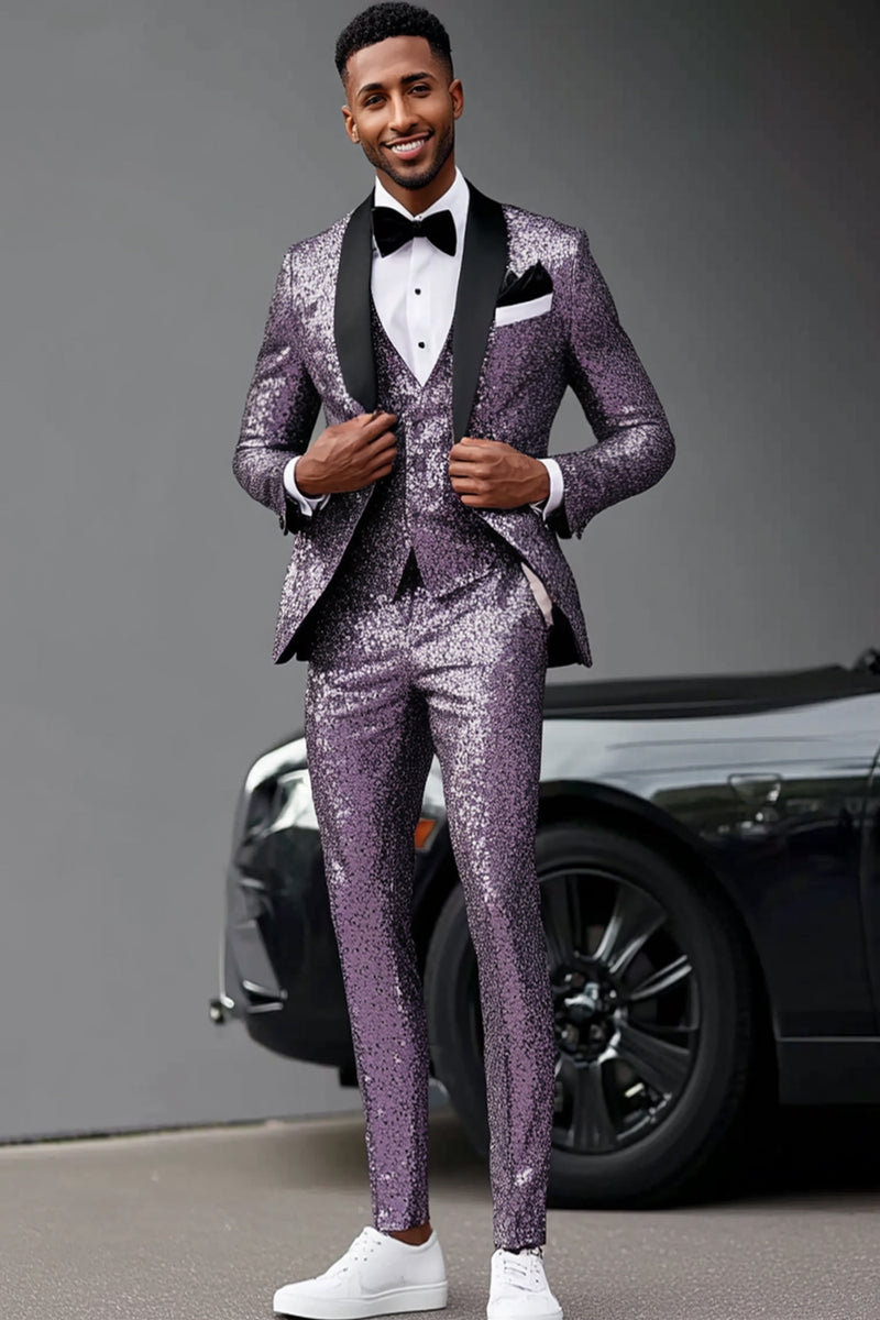 Load image into Gallery viewer, Shawl Lapel 3 Pieces Glitter Purple Men's Prom Suits