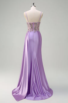 Purple Mermaid Sheer Ruched Corset Prom Dress