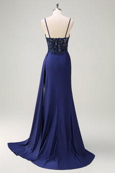 Navy Mermaid Ruched Streamer Long Prom Dress with Appliques