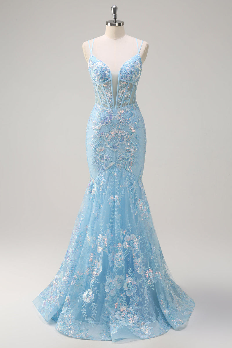Load image into Gallery viewer, Blue Mermaid Sequin Corset Long Prom Dress with Embroidery
