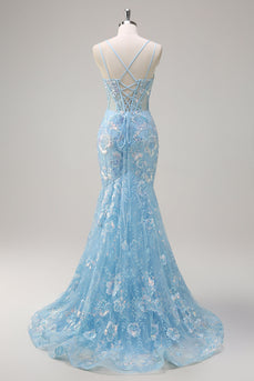 Blue Mermaid Sequin Corset Long Prom Dress with Embroidery