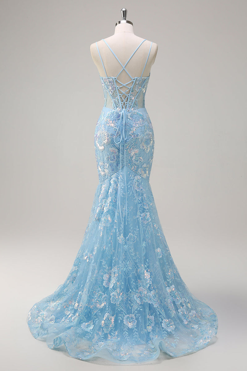 Load image into Gallery viewer, Blue Mermaid Sequin Corset Long Prom Dress with Embroidery