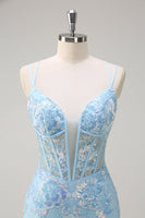 Load image into Gallery viewer, Blue Mermaid Sequin Corset Long Prom Dress with Embroidery
