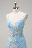 Load image into Gallery viewer, Blue Mermaid Sequin Corset Long Prom Dress with Embroidery