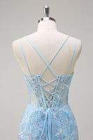 Load image into Gallery viewer, Blue Mermaid Sequin Corset Long Prom Dress with Embroidery