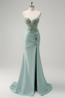 Load image into Gallery viewer, Grey Green Mermaid Strapless Sequin Corset Ruched Prom Dress