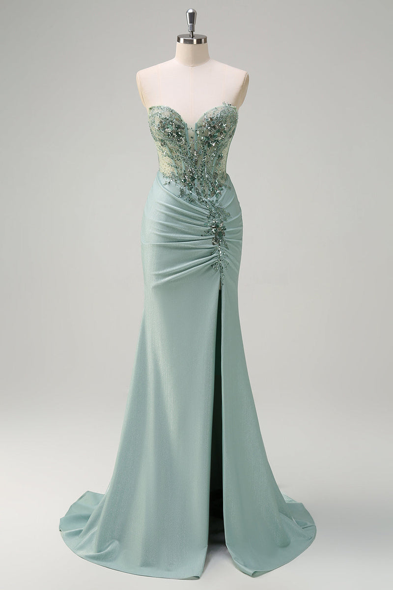 Load image into Gallery viewer, Grey Green Mermaid Strapless Sequin Corset Ruched Prom Dress