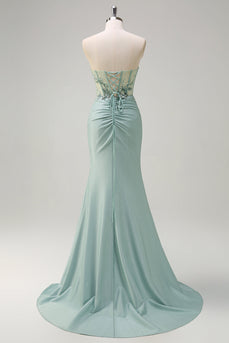 Grey Green Mermaid Strapless Sequin Corset Ruched Prom Dress