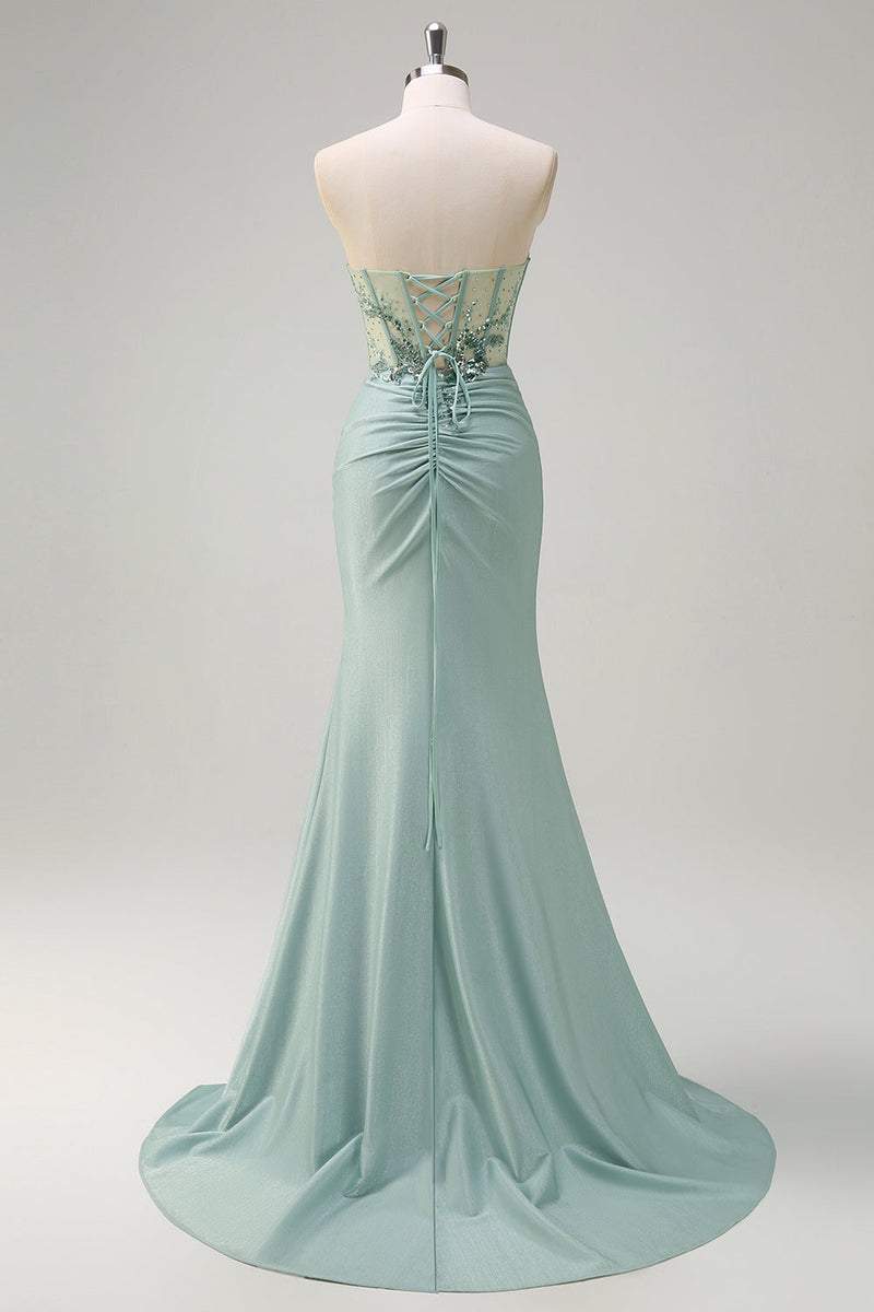 Load image into Gallery viewer, Grey Green Mermaid Strapless Sequin Corset Ruched Prom Dress