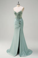 Load image into Gallery viewer, Grey Green Mermaid Strapless Sequin Corset Ruched Prom Dress