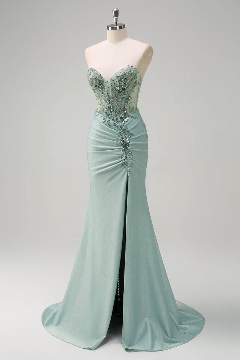 Load image into Gallery viewer, Grey Green Mermaid Strapless Sequin Corset Ruched Prom Dress
