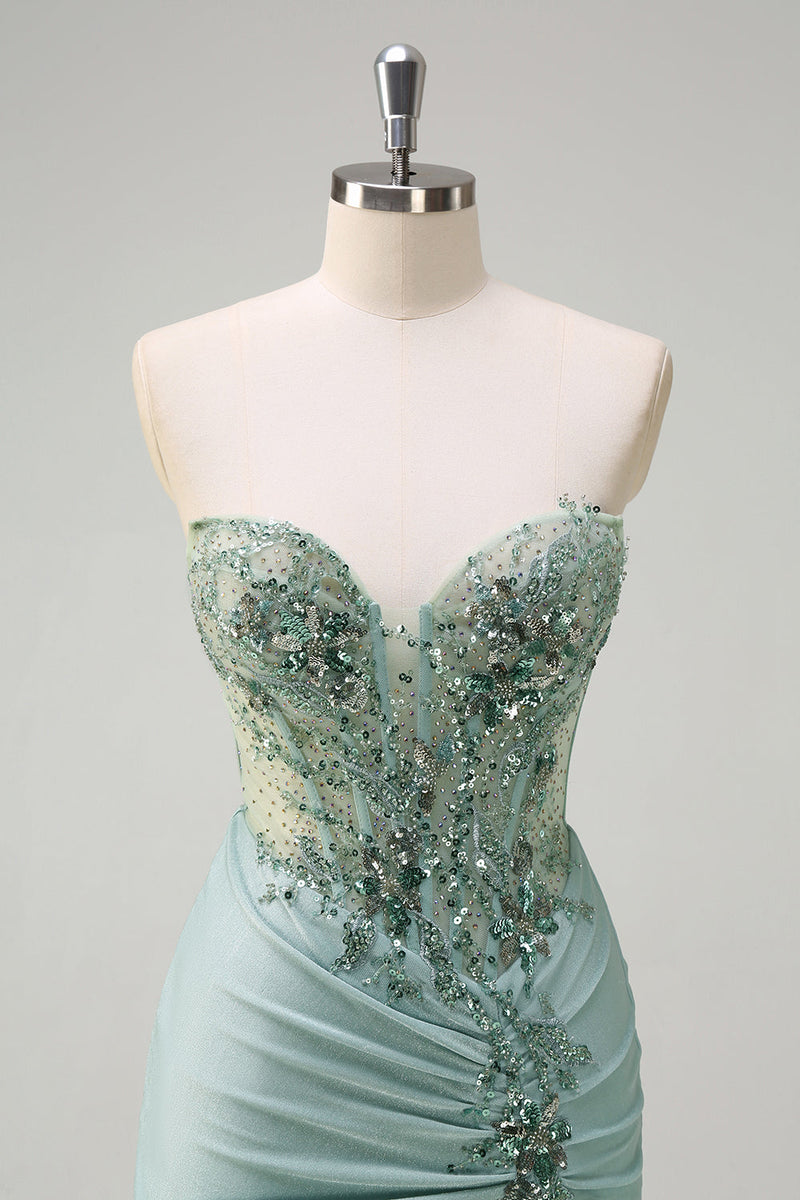 Load image into Gallery viewer, Grey Green Mermaid Strapless Sequin Corset Ruched Prom Dress