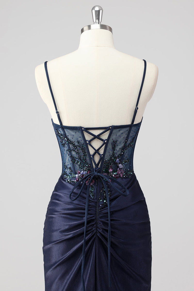 Load image into Gallery viewer, Grey Green Mermaid Strapless Sequin Corset Ruched Prom Dress