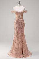 Load image into Gallery viewer, Sparkly Mermaid Dusty Rose Off the Shoulder Long Prom Dress with Slit