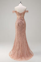Load image into Gallery viewer, Sparkly Mermaid Dusty Rose Off the Shoulder Long Prom Dress with Slit